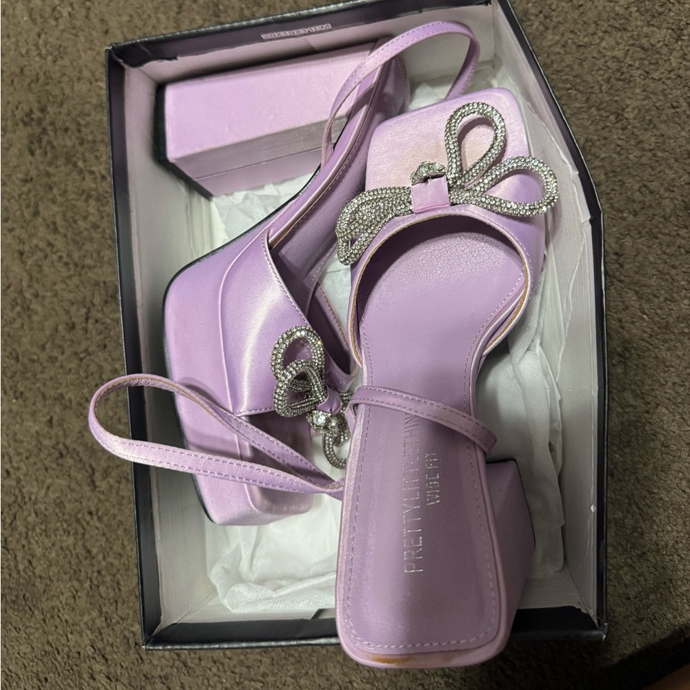 PrettyLittleThing Lilac Satin Platform Slingback Heels with Crystal Bow